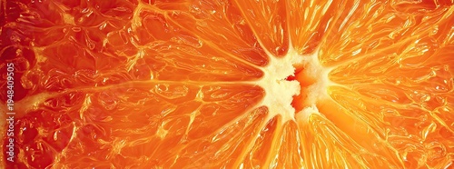 Closeup of a oranges slice, juicy pulp.  Banner, panoramic