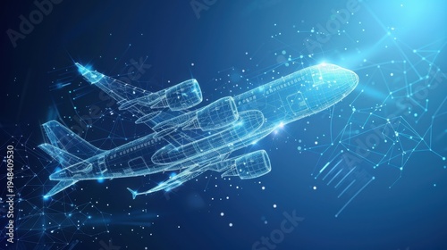 Digital Airplane Wireframe with Network Connections