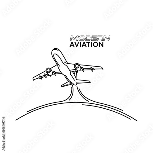 Modern Minimalist Line Art Airplane Takeoff Aviation Logo over Curved Earth