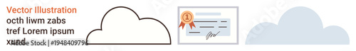 Data storage, digital certification, online verification, cloud computing, secure access, technology. Visual with a cloud icon and certificate illustration. s cloud computing and digital