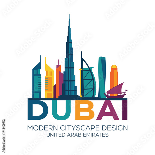 This striking vector design captures the iconic Dubai skyline, featuring famous structures such as the Burj Khalifa, representing modern architecture and innovation in UAE.