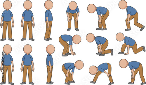 Vector character set featuring a faceless male figure in various poses including standing, bending, kneeling, and stretching for animation.