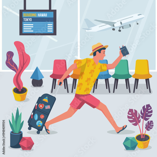 A traveler rushes to board a flight, showcasing vibrant colors and a tropical theme, symbolizing the excitement of embarking on a journey to Hawaii from Tokyo.