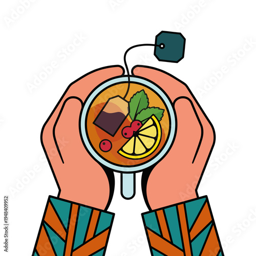A pair of hands gently cradles a steaming cup of tea adorned with lemon slices and mint leaves, encapsulating warmth, comfort, and the art of relaxation in a cozy setting.