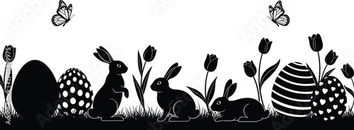 Black silhouettes of rabbits and decorated eggs with tulips and butterflies