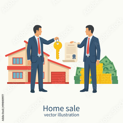 This illustration represents a real estate transaction with two businessmen engaged in a deal, highlighting elements such as keys, contracts, and stacks of money.