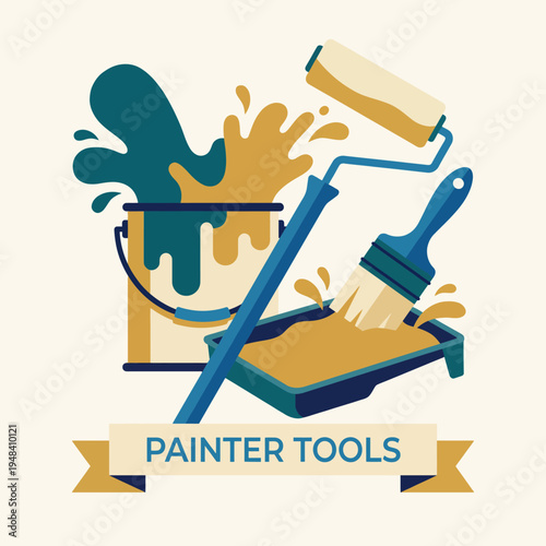 Artistic representation of painter tools with colorful paint splashes, symbolizing creativity and the joy of the artistic process in various painting techniques.