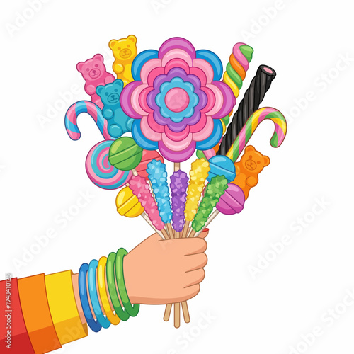 A delightful assortment of candies held in a hand, symbolizing joy and celebration, this colorful bouquet captures the essence of sweetness and childhood nostalgia vividly.