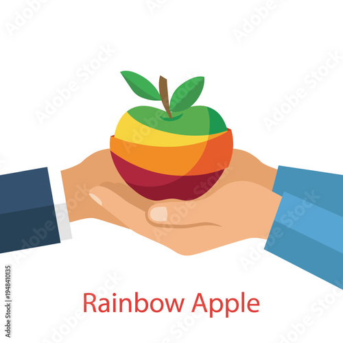 A colorful representation of a rainbow apple being held in two hands, illustrating the connection between healthy choices and well-being in a visually striking manner.