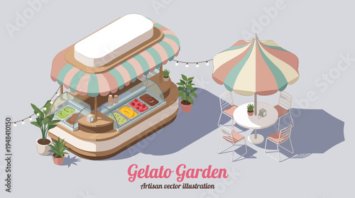 A vibrant gelato cart surrounded by lush greenery, showcasing a delightful assortment of frozen treats under bright, inviting colors, perfect for family outings and sunny days.