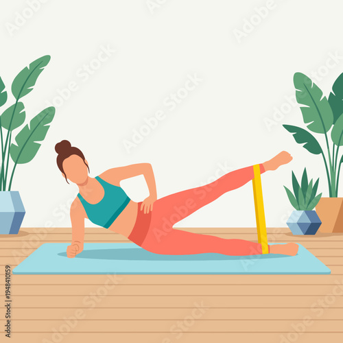 A woman performs a side leg lift with a resistance band on her mat amidst houseplants, representing fitness, health, and personal well-being in a cozy home workout environment.