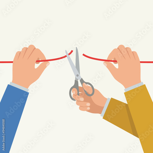 An illustrative scene representing the ceremonial cutting of a red ribbon by two hands, symbolizing new beginnings, launches, and triumph in a festive and celebratory manner.