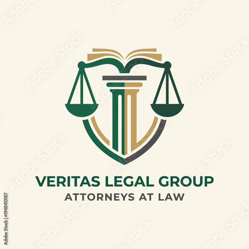 A polished logo design representing Veritas Legal Group, incorporating law scales, pillars, and a book, symbolizing justice, integrity, and legal expertise in a sophisticated style.