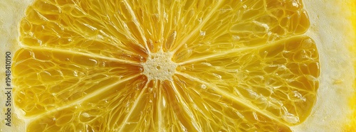 Closeup of a lemon slice, juicy pulp.  Banner, panoramic