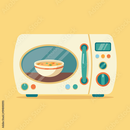 A charming illustration of a vintage-style microwave with a bowl of soup, representing convenience in cooking and the warmth of home and comfort food.