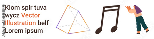 Education design, artistic concepts, learning tools, abstract , geometry, music. Pyramidal shape, musical note and abstract figure with text nearby. Education design and artistic concepts