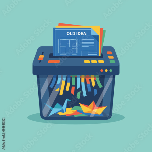 A colorful illustration depicting a paper shredder busy shredding outdated ideas, symbolizing innovation and the need for change in a compelling way.