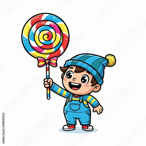 Smiling child in overalls holding large colorful lollipop in playful scene