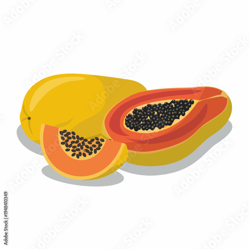 A beautifully arranged collection of ripe papaya fruit, cut to reveal its vibrant orange flesh and black seeds, embodying tropical freshness and the healthy lifestyle choices of modern consumers.