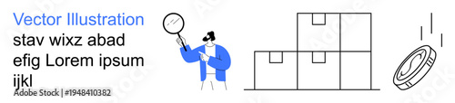 Inventory control, logistics, supply chain, e-commerce, business operations, product organization. Cartoon person with a magnifying glass inspecting. Inventory control and logistics concept