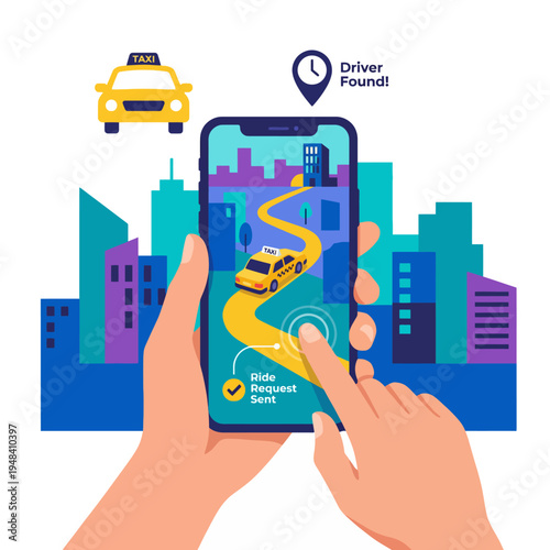 An illustration of a smartphone showing a taxi ride request confirmation, emphasizing the convenience and efficiency of modern transportation services in urban living.