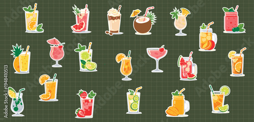 Retro vintage pop art style collage of Fresh tropical fruit cocktails and smoothies collection with various garnishes like citrus and umbrellas for menu or summer holiday drink promo advertising