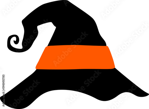 Halloween witch hat silhouette with orange band. Spooky costume vector illustration.