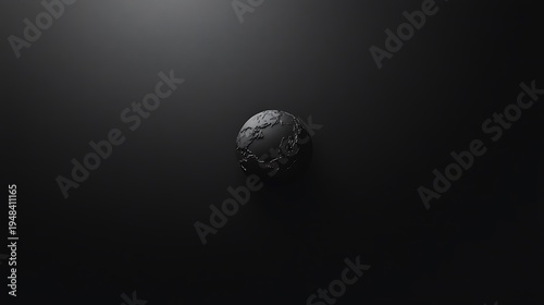 Small black globe floating in center of dark infinite space with soft light