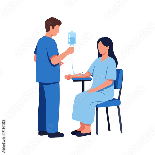 Nurse administering IV drip to patient vector illustration