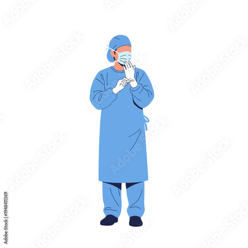 Surgeon putting on sterile gloves illustration in flat style