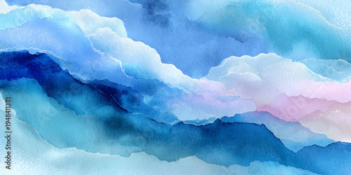 Blue ocean watercolor background with smooth flowing wave texture and artistic aqua paint illustration.