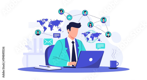 Businessman working remotely with global connections online