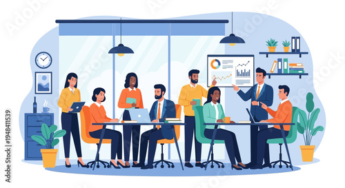 Diverse team collaborating in modern office with laptops and data analysis