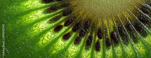 Closeup of a kiwi slice, juicy pulp.  Banner, panoramic