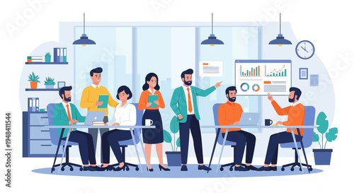 Business team collaborating and presenting data in modern office