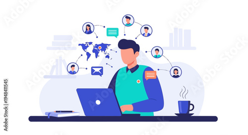Businessman working remotely with global connections online Vector Art