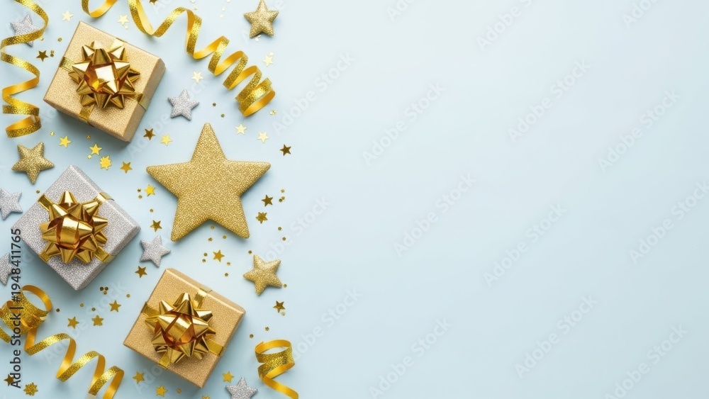 Fototapeta premium Festive golden and silver gift boxes with sparkling stars and ribbons on a light blue background
