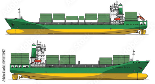 Illustration of a cargo ship with containers, viewed from the side, with two different perspectives shown vertically. The ship is green and yellow, with a white superstructure and green cargo containe