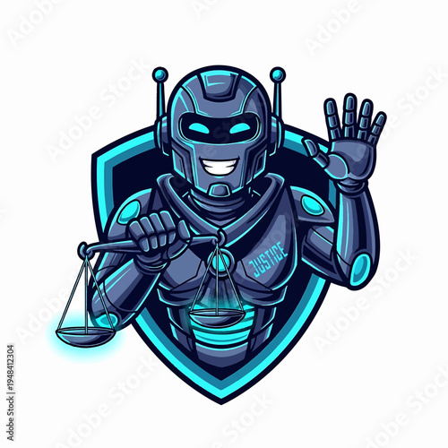 Robotic Justice Shield with Scales and Welcoming Wave