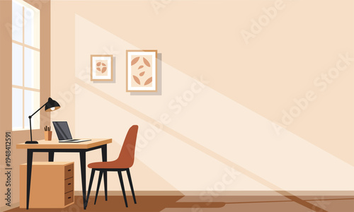 Cozy Earth Tone Home Office Vector with Large Wall Copy Space area