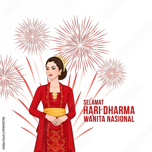 Traditional Indonesian Woman in Red Kebaya with Fireworks