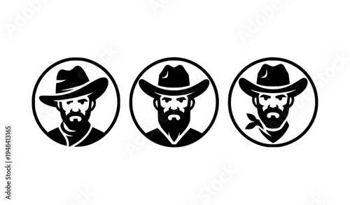 Wild west cowboy avatar silhouettes in badge style black vector icons isolated on white background