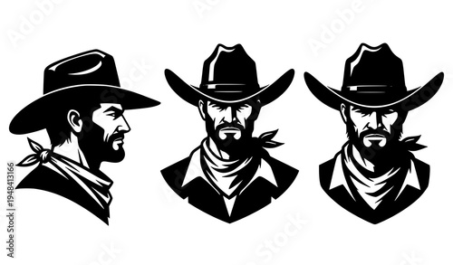 Three western cowboy silhouette portraits wild west avatar vector illustration isolated on white background