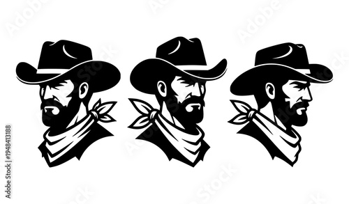 Western cowboy silhouette avatar set black and white wild west vector illustration isolated on white background