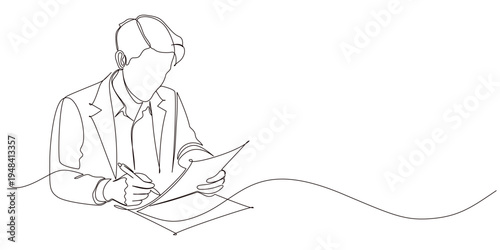 Line art illustration of a Bussinesman writing on a paper documens. Vector eps