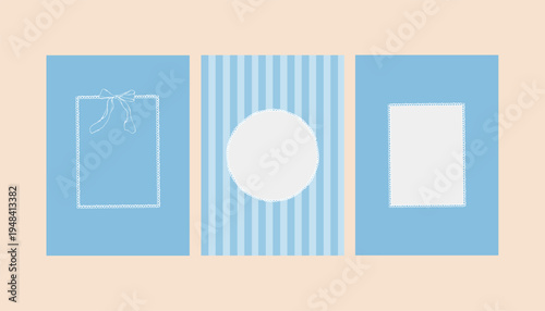 A set of whimsical blue postcard templates with hand-drawn frames. Invitations and posters feature vintage ribbons, bows, pearls, and stripes. Templates for wedding invitations, greeting cards, or
