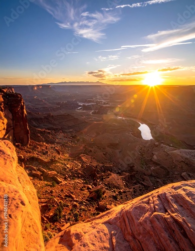 Canyon sunset vista. Sunburst over arid landscape. River weaves through red rock canyons and plateaus