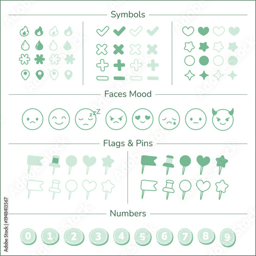 Planner Tracker Icons and Symbols, Mood Faces, Flags, and Numbers for Bullet Journal Pastel Green