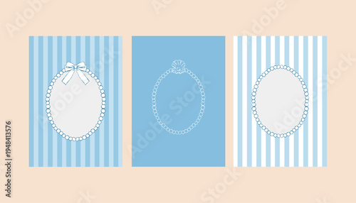 A set of whimsical blue postcard templates with hand-drawn frames. Invitations and posters feature vintage ribbons, bows, pearls, and stripes. Templates for wedding invitations, greeting cards, or