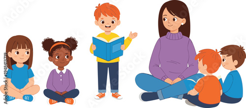 Female teacher sitting on floor with diverse group of students, boy standing and reading book aloud, kids education vector illustration.